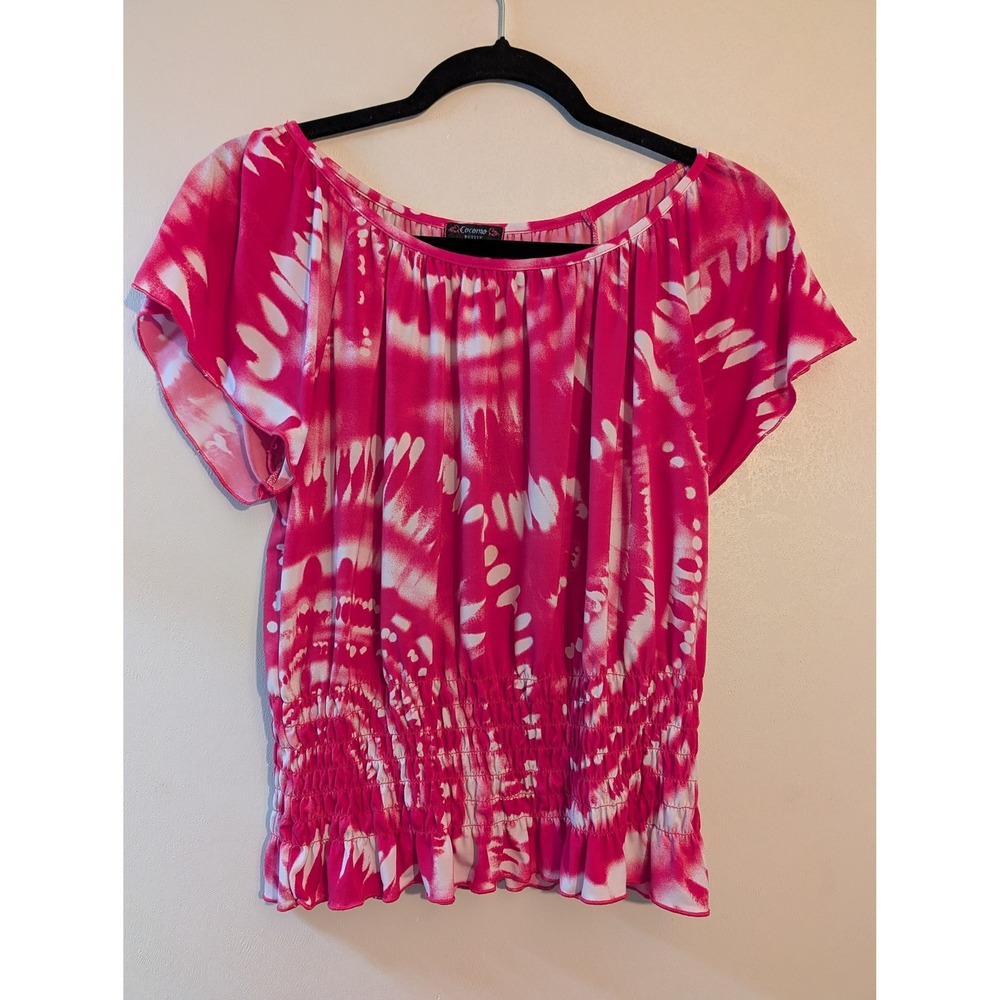 Cocomo Petite Pink Tie Dye Smocked Waist Ruffle Hem Top Short Sleeve Scoop Neck